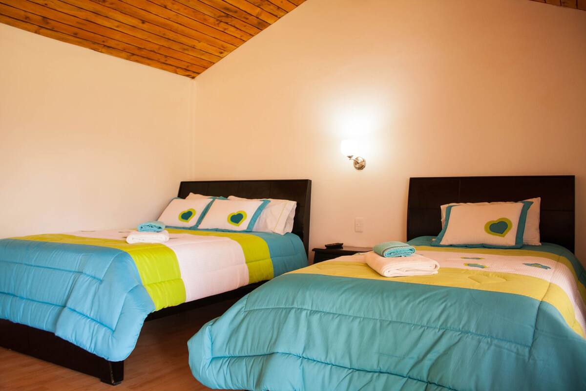 Una habitación con dos camas, cada una con cabecera, y una lámpara fijada a la pared.