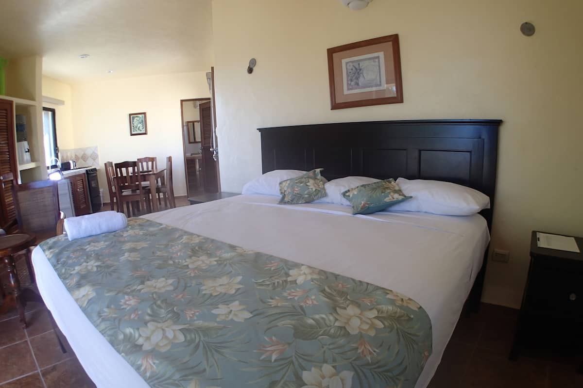 Une chambre d’hôtel avec un grand lit, un bureau et une chaise.