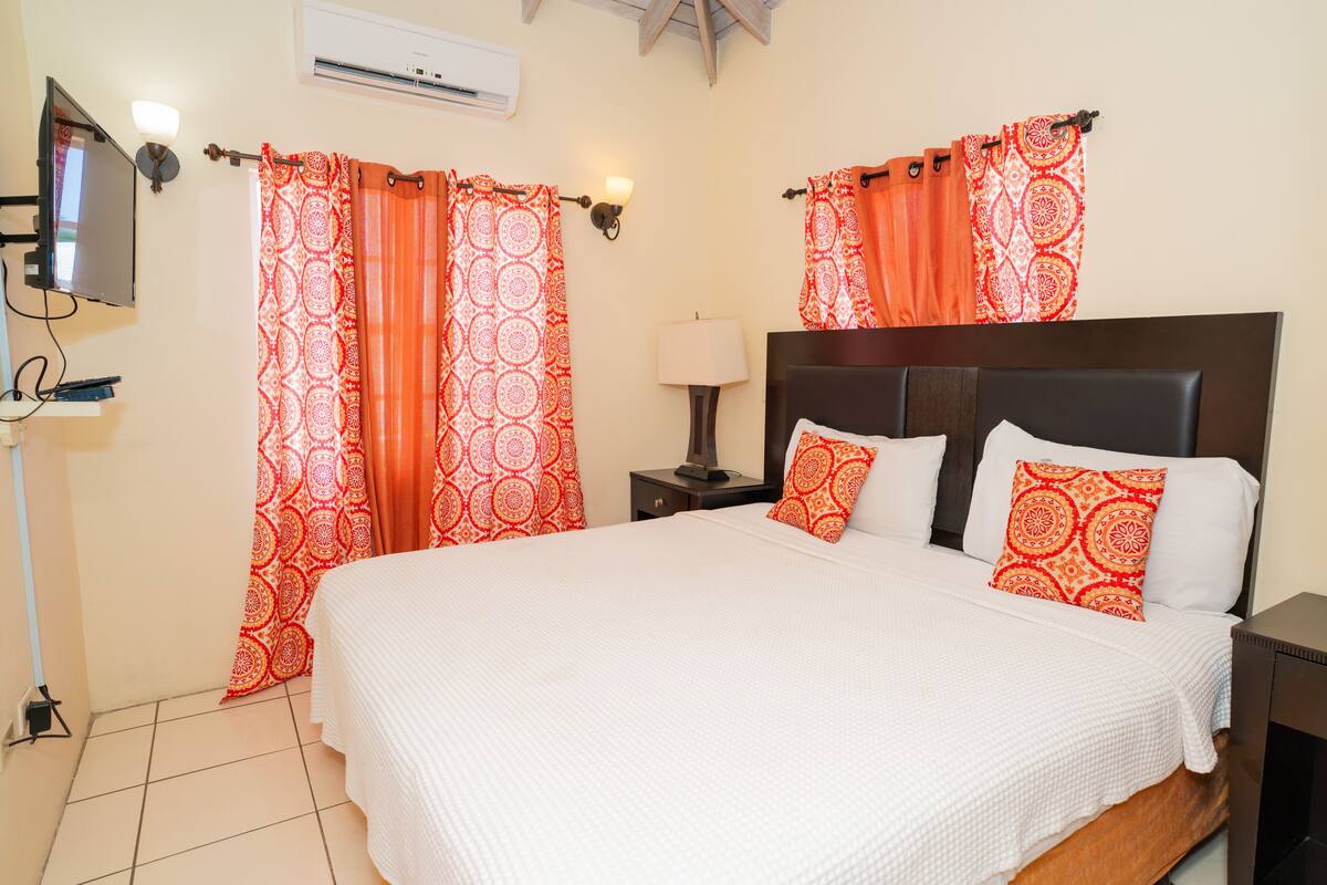 A bedroom with a large bed, two patterned pillows, a nightstand with a lamp, and curtains with a geometric pattern.