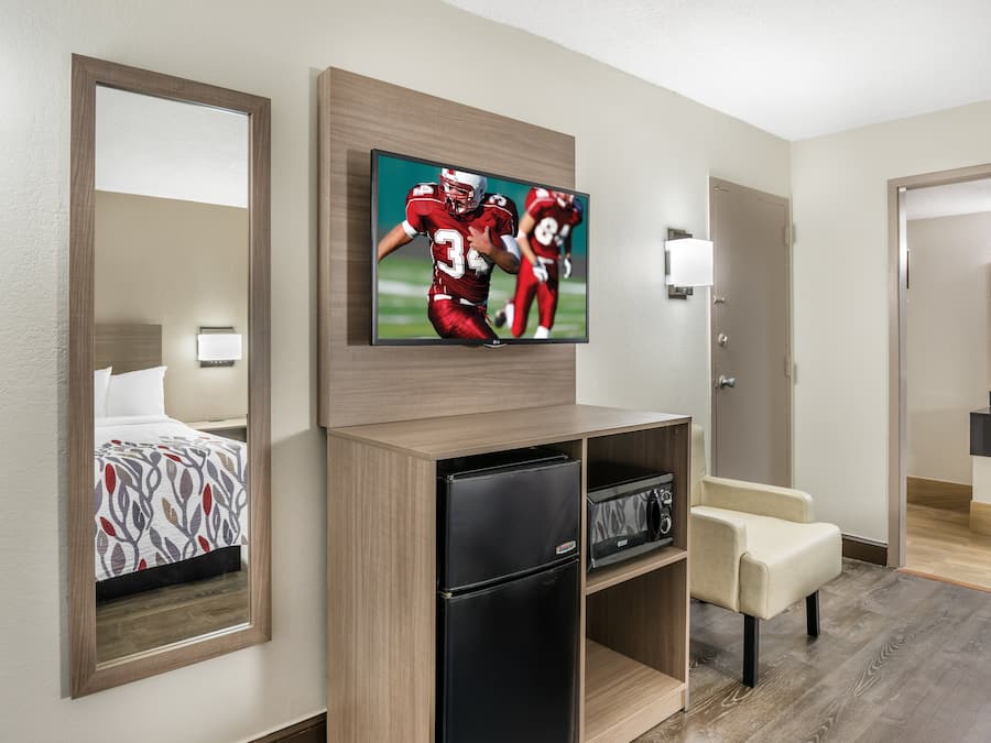 Desk, laptop workspace, blackout curtains, free WiFi