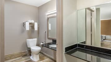 A bathroom with a toilet, sink, and mirror.