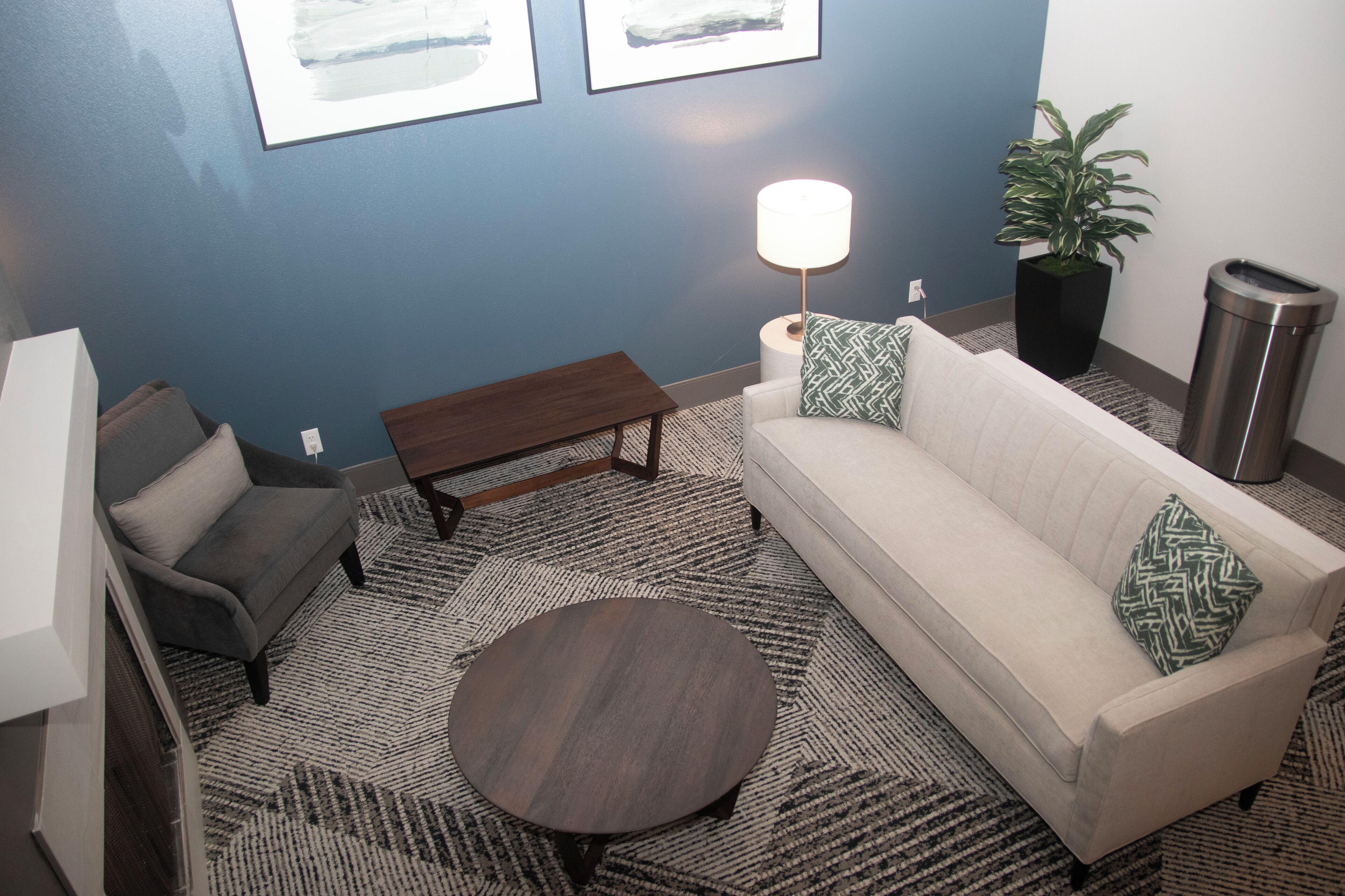 A living room with a sofa, armchair, coffee table, lamp, and potted plant.
