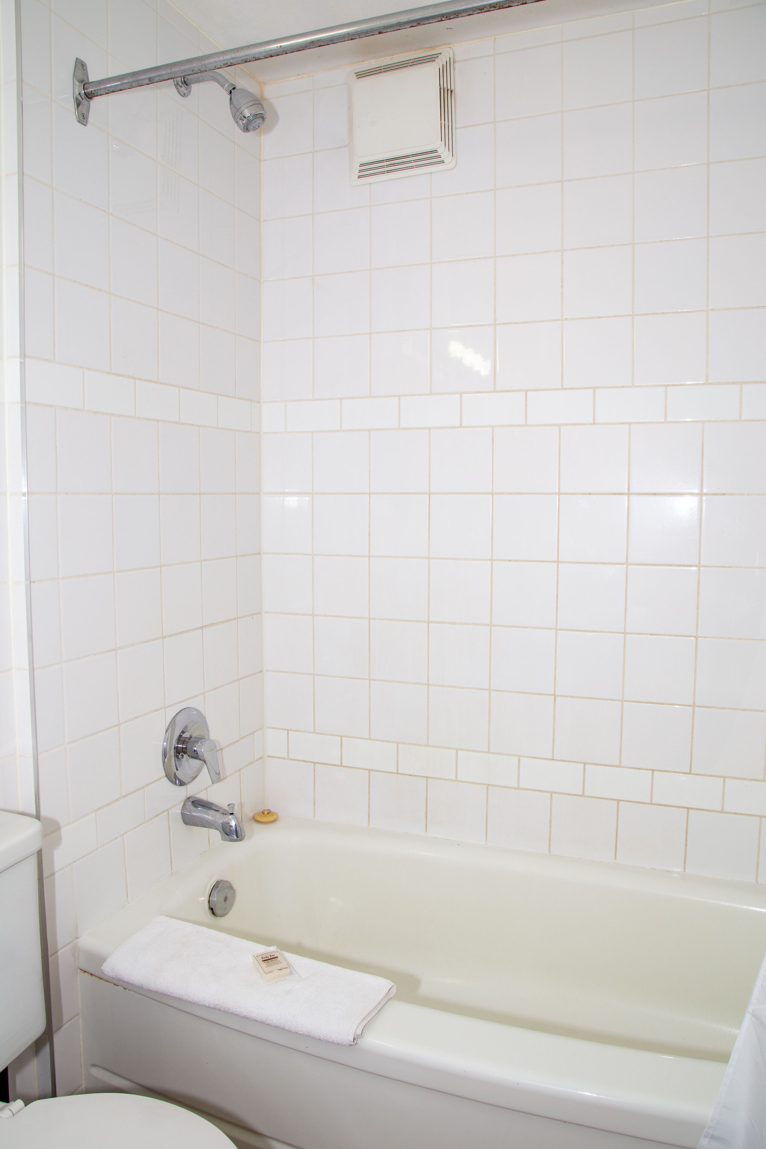 Un bagno con vasca, WC e doccia.