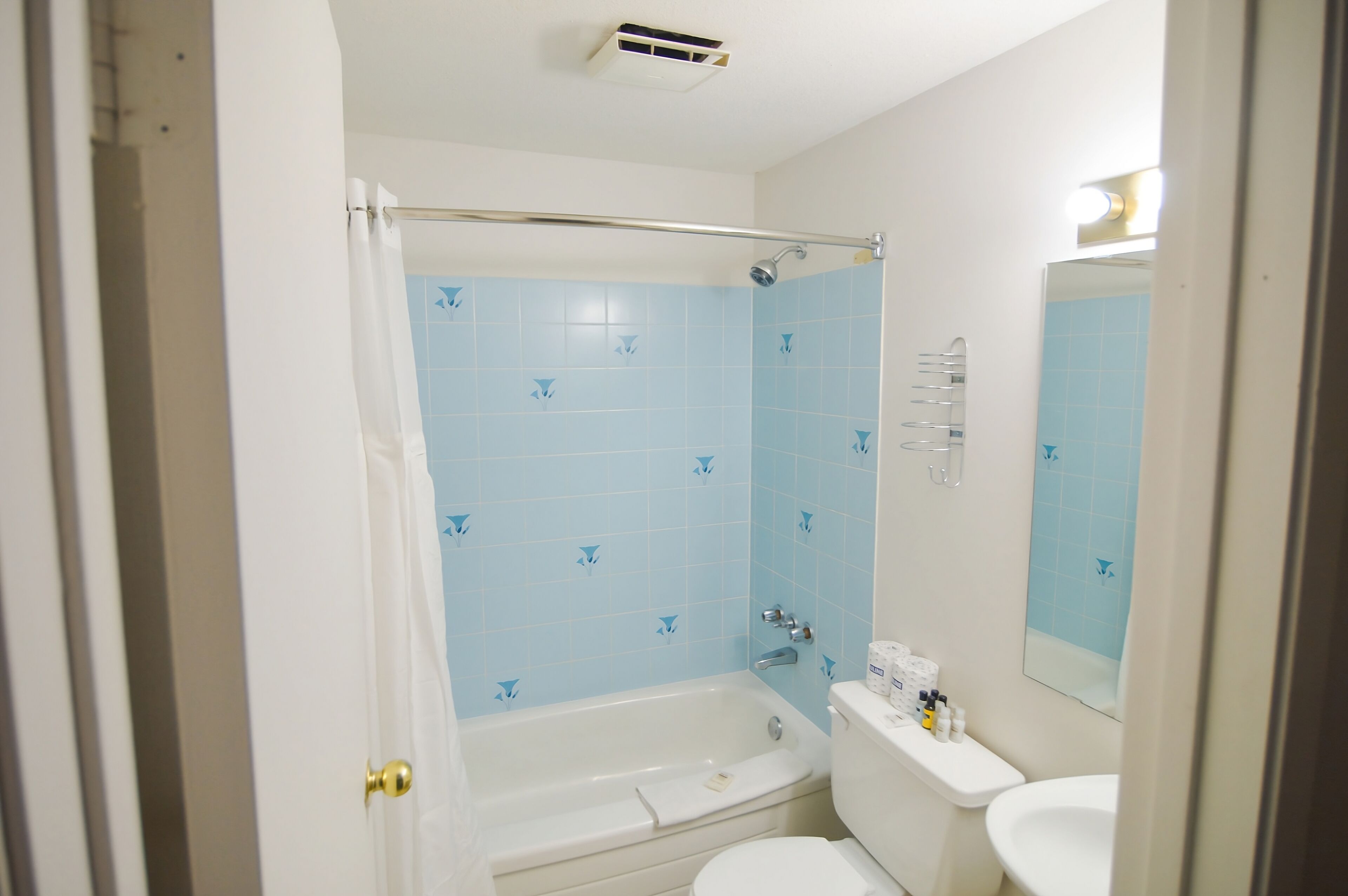 Casa de banho com banheira, sanita e zona de duche com azulejos azuis.
