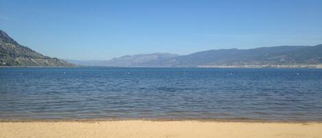Una playa con vista despejada al agua y montañas lejanas.