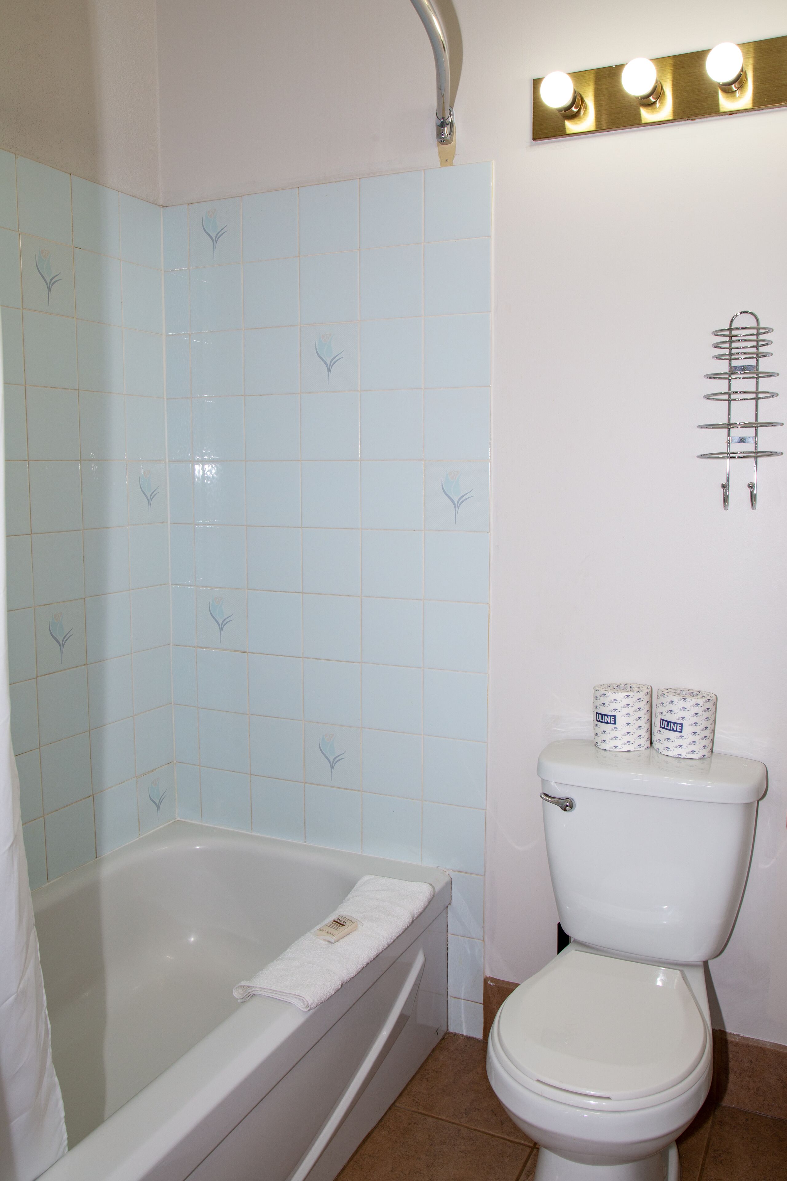 A bathroom with a bathtub, toilet, and a wall-mounted light fixture.