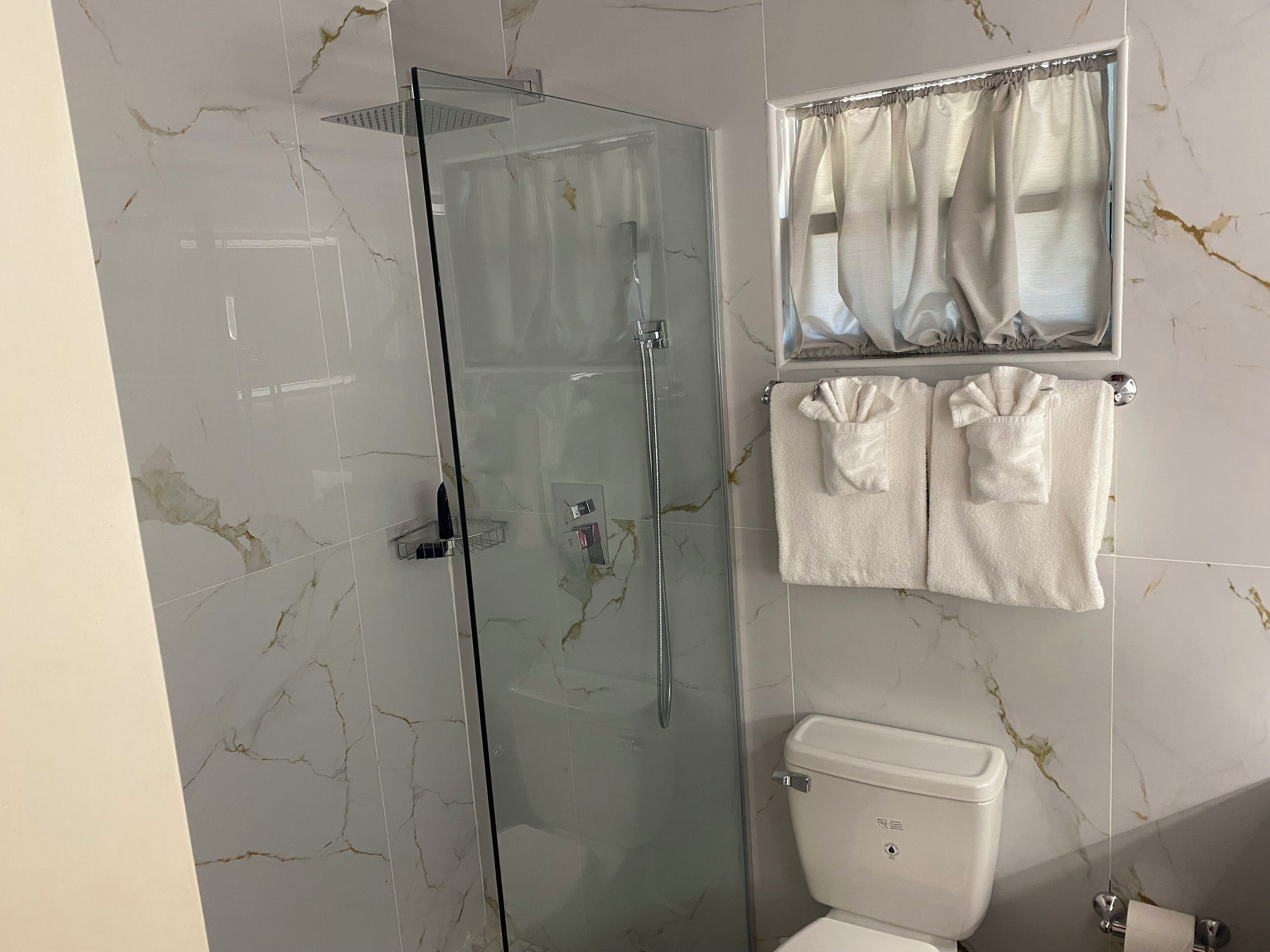 Un baño con ducha envuelta en vidrio, inodoro y un perchero con dos toallas.