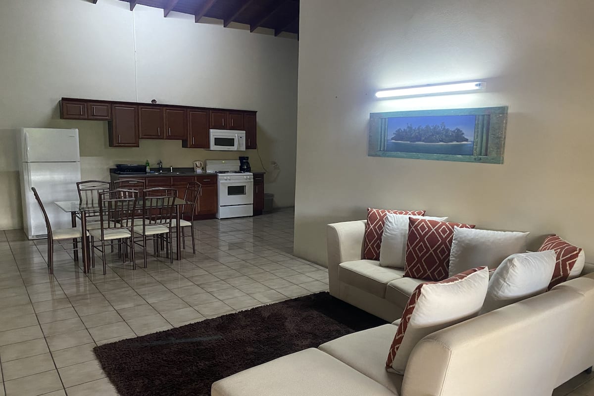 A compact living space with a kitchenette, a dining area, and a sofa.