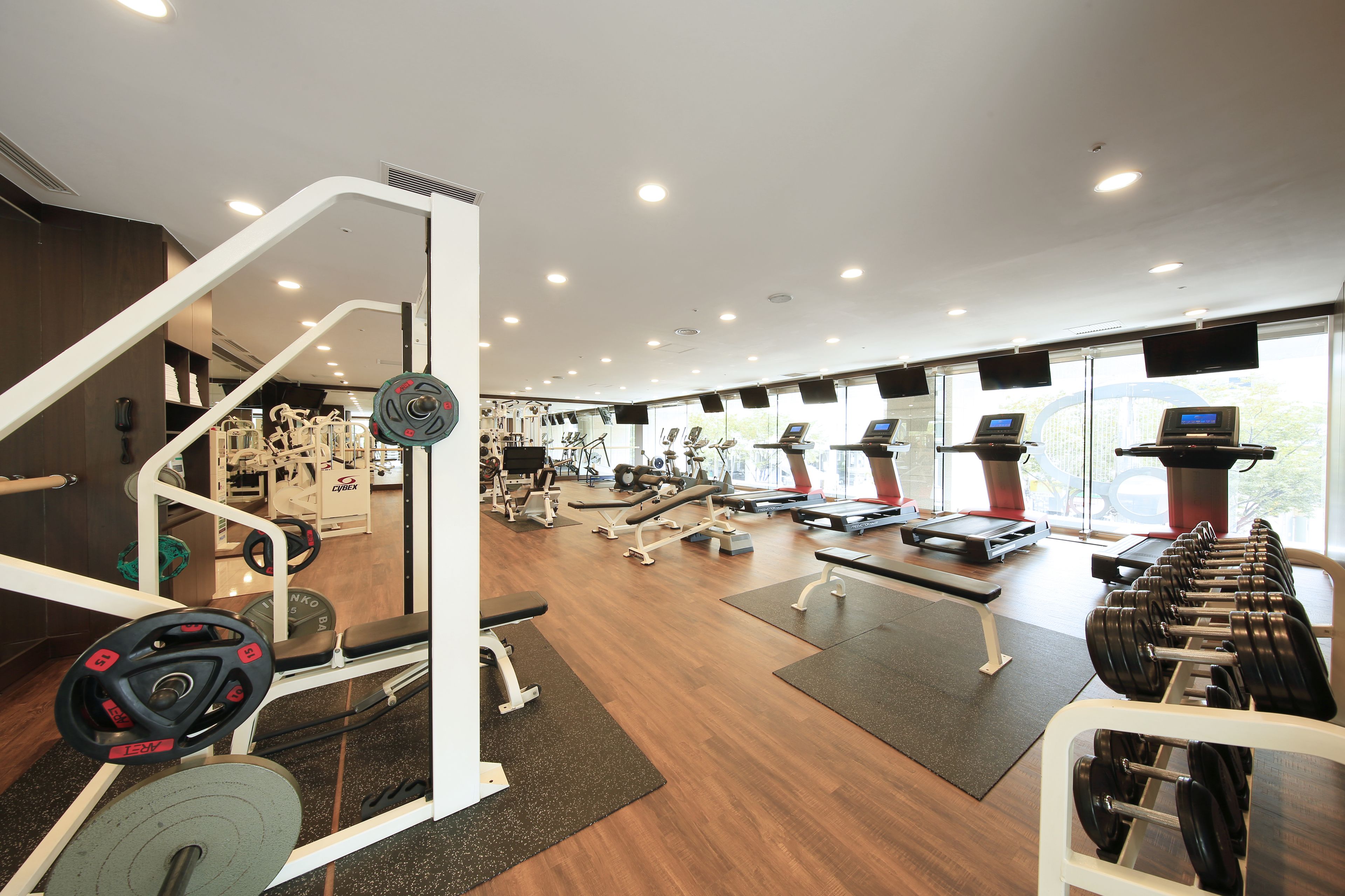Un gimnasio con diverso equipo de ejercicio, cintas de correr y máquinas de pesas.