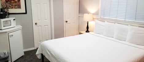 A hotel room with a bed, a nightstand with a lamp, a microwave, and a trash bin.