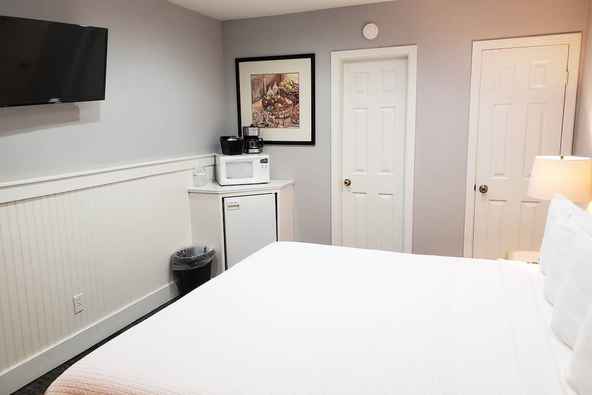 A hotel room with a bed, a television, a microwave, a small refrigerator, a trash bin, and a door.