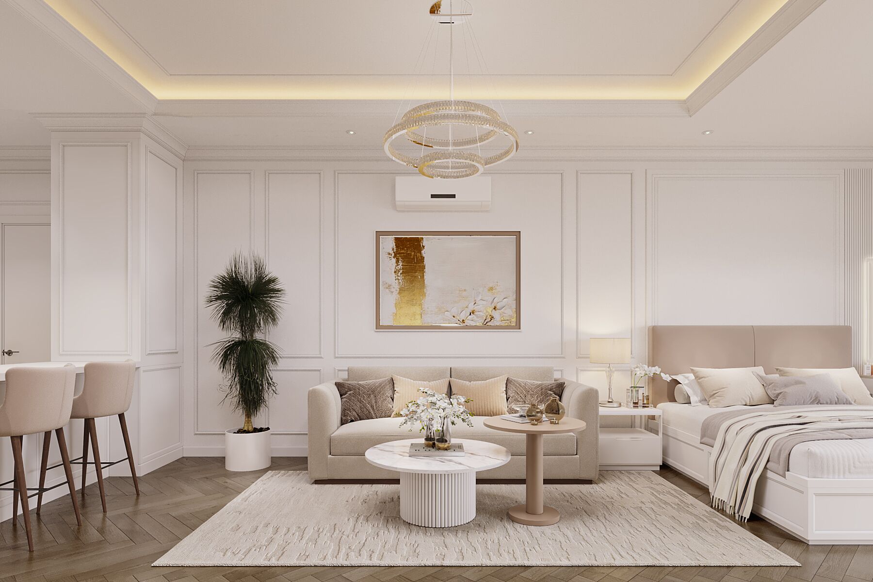 Un soggiorno moderno con un divano color beige, un tavolino rotondo e un grande lampadario.