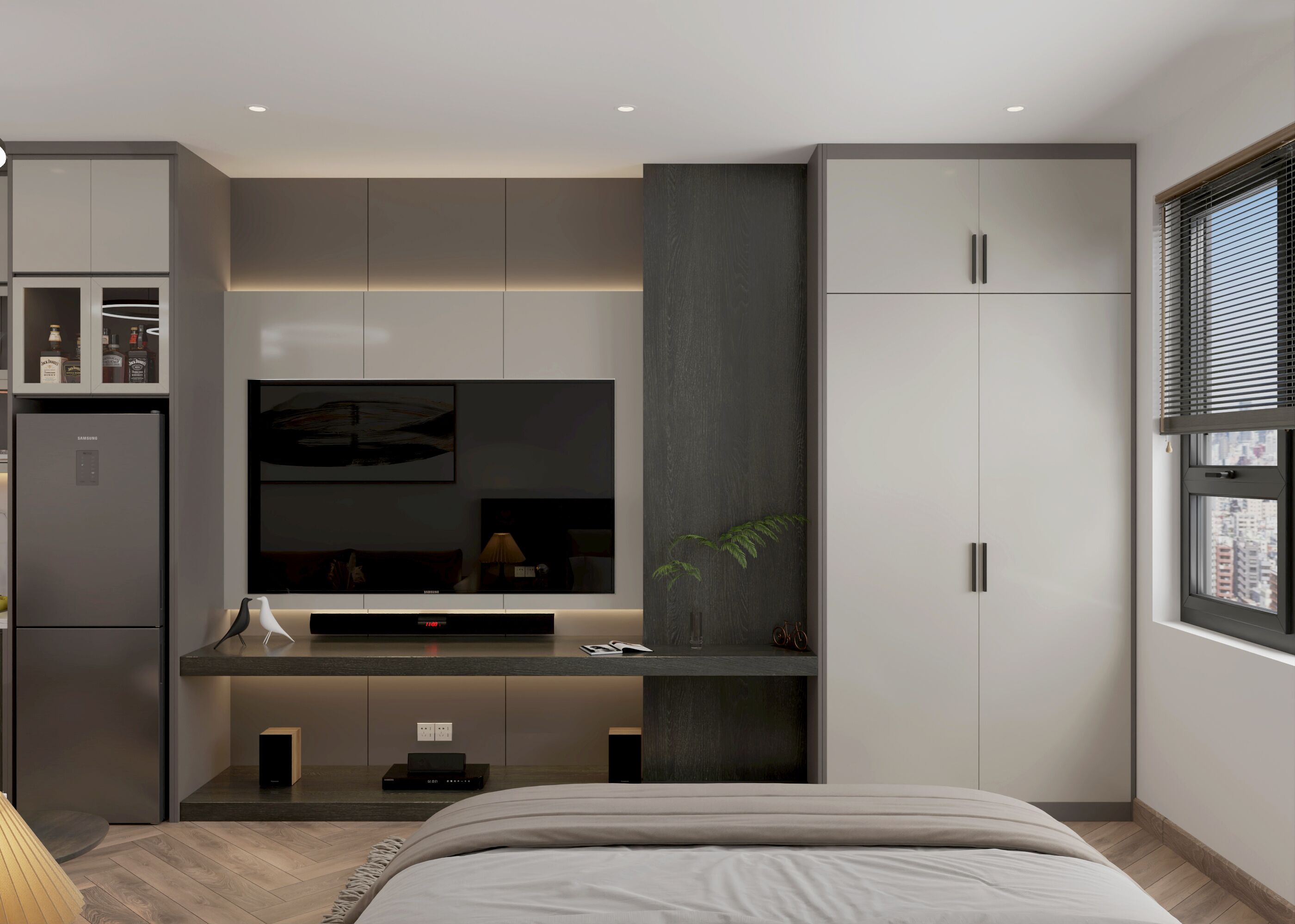 Un dormitorio moderno con una cama, un escritorio empotrado, un televisor y un armario.