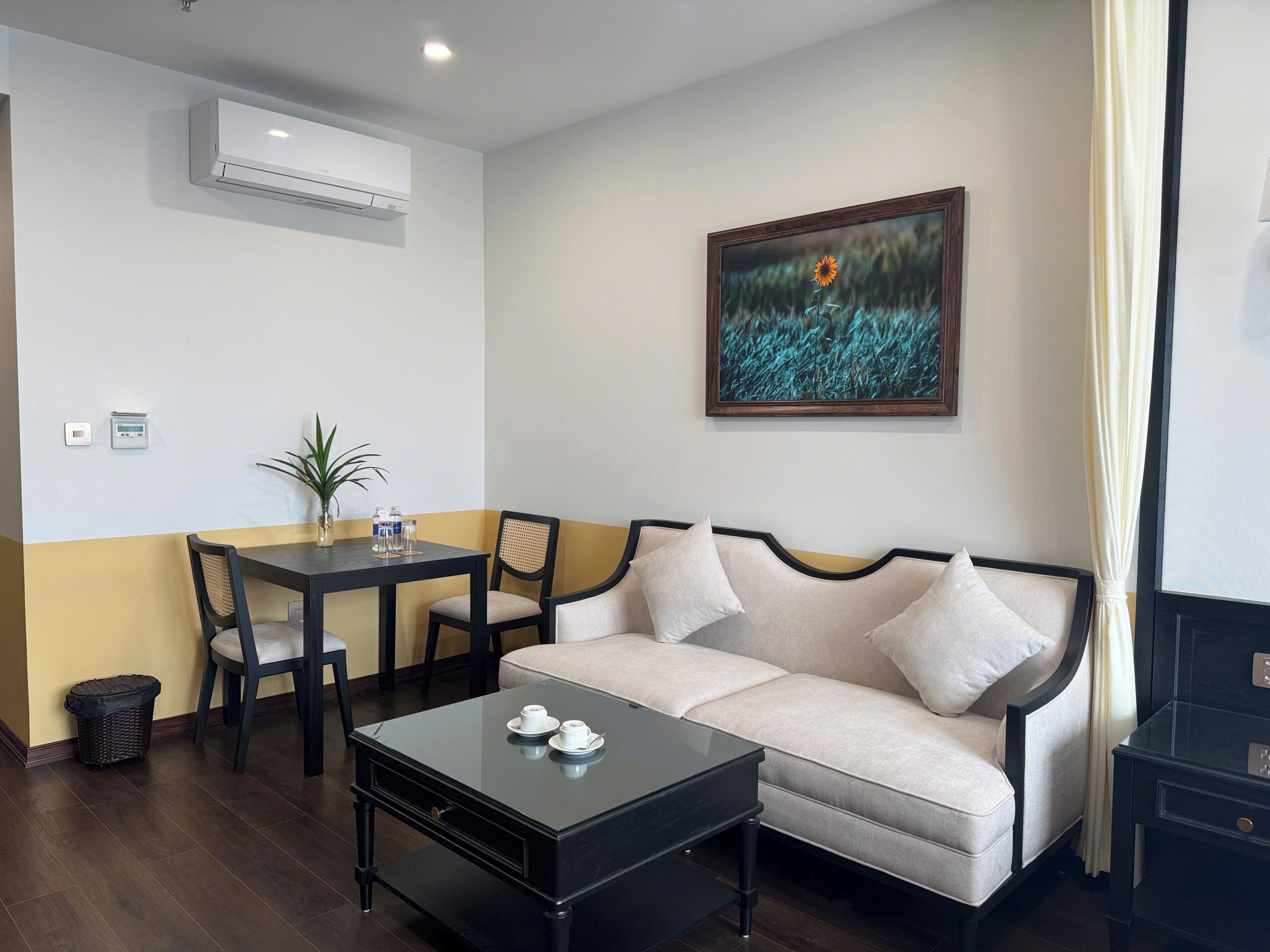 Un salon moderne avec un canapé, une table basse, une table à manger avec des chaises, une plante en pot et un tableau accroché au mur.