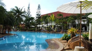 Outdoor pool, pool umbrellas, pool loungers