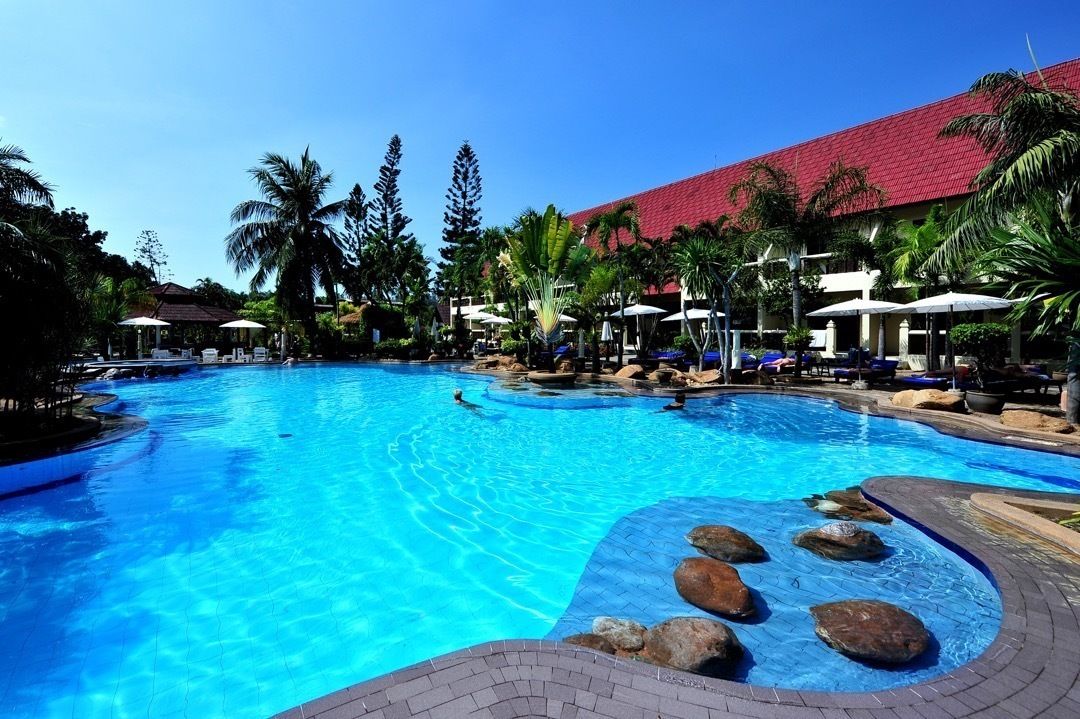 Outdoor pool, pool umbrellas, pool loungers