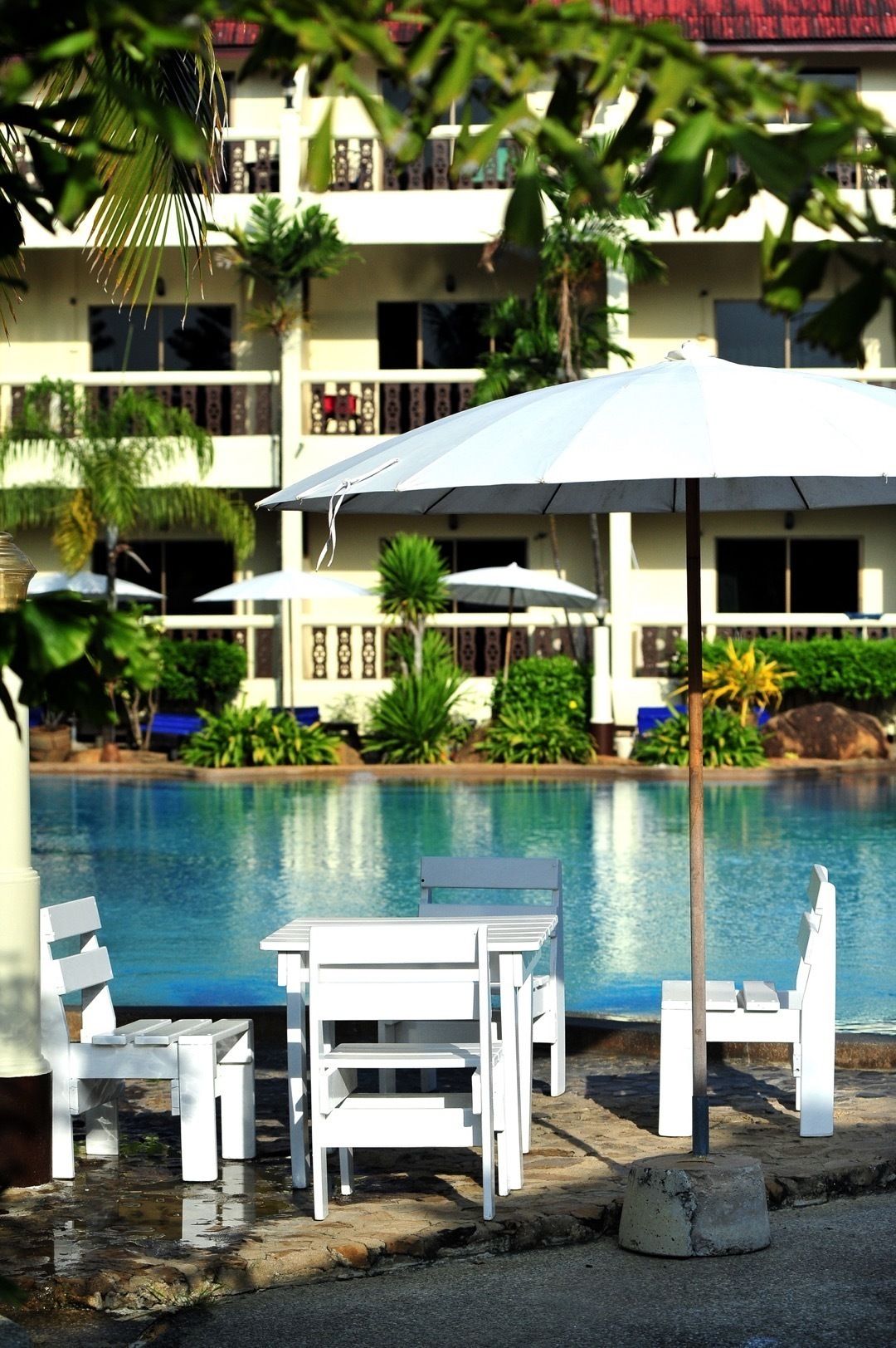 Outdoor pool, pool umbrellas, pool loungers