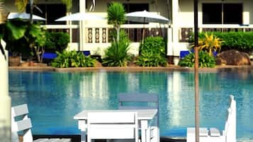Outdoor pool, pool umbrellas, pool loungers