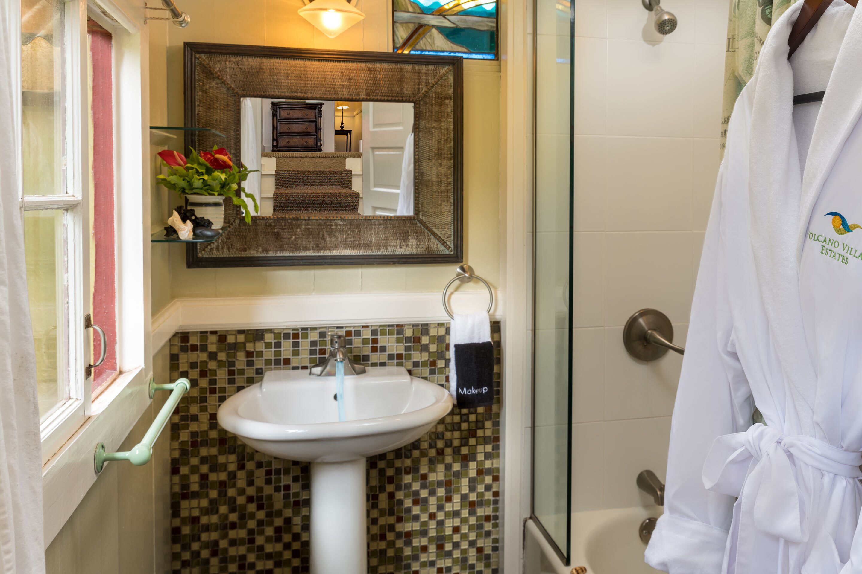 family cottage w/kitchen (akaka falls) | bathroom | hair dryer, bathrobes, towels