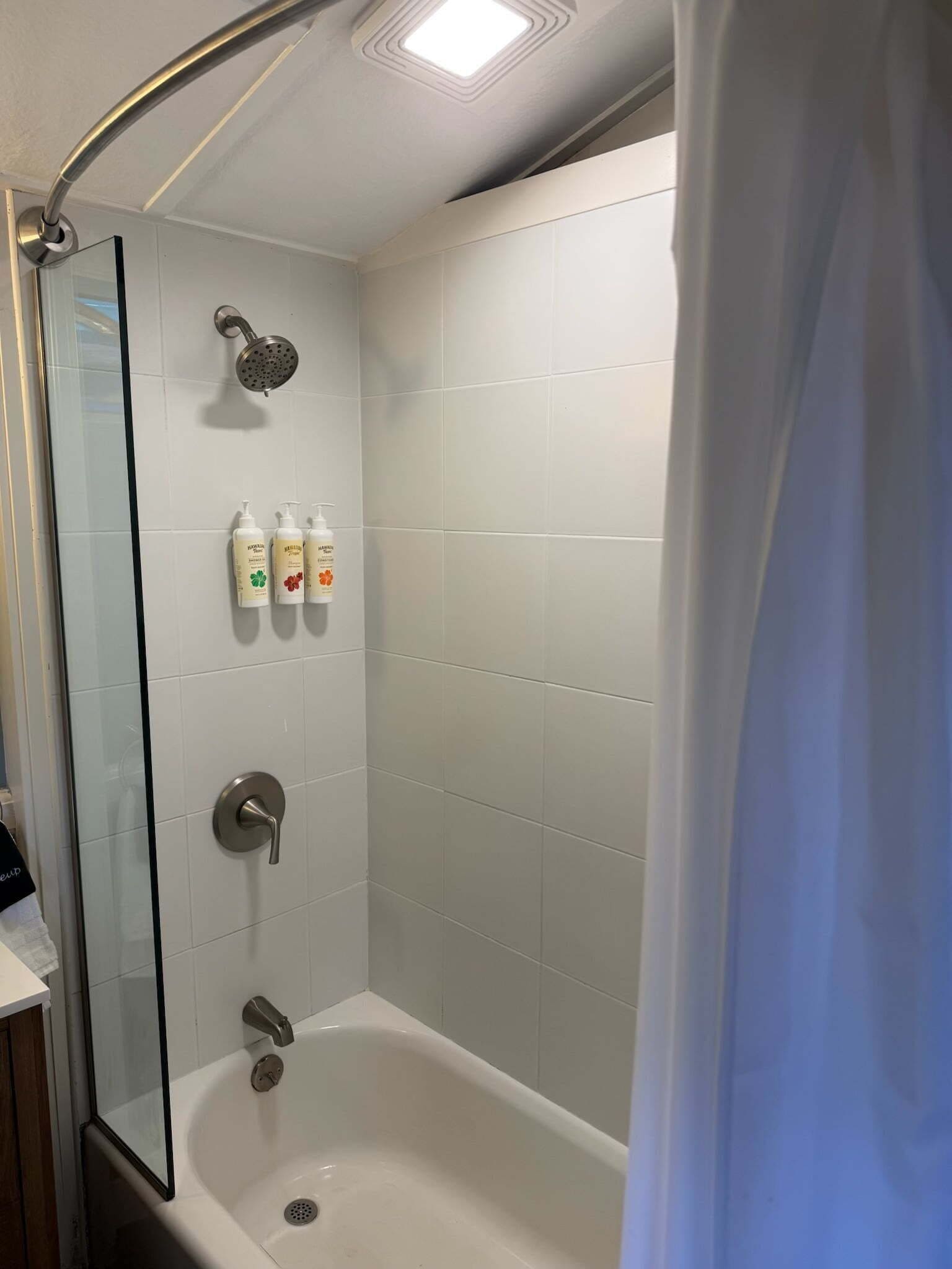 A shower area with a glass door, a handheld showerhead, and three bottles of shampoo and conditioner on the wall.