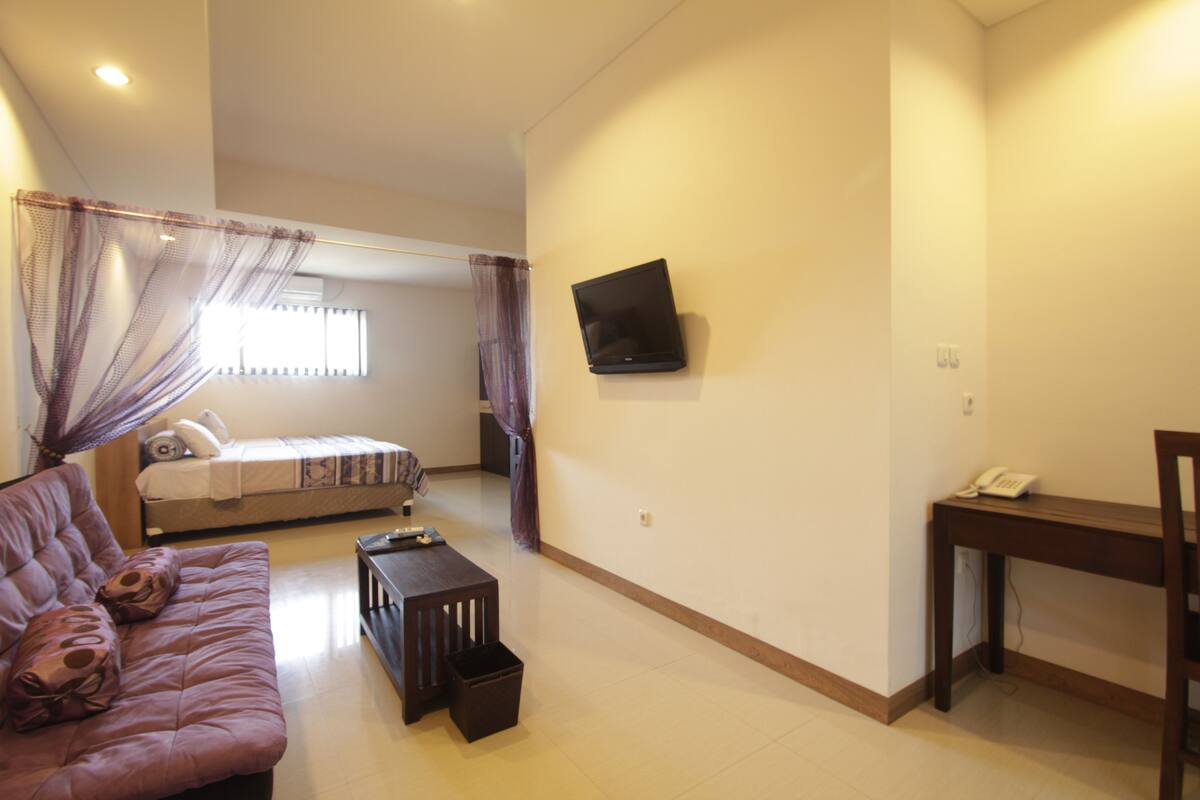 A room with a bed, a sofa, a TV mounted on the wall, a desk, and a telephone.