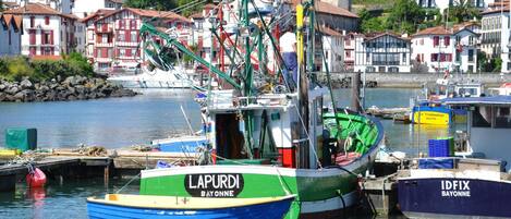 Ein Hafen mit Booten namens LAPURDI und IDFIX, umgeben von Gebäuden mit roten Dächern.