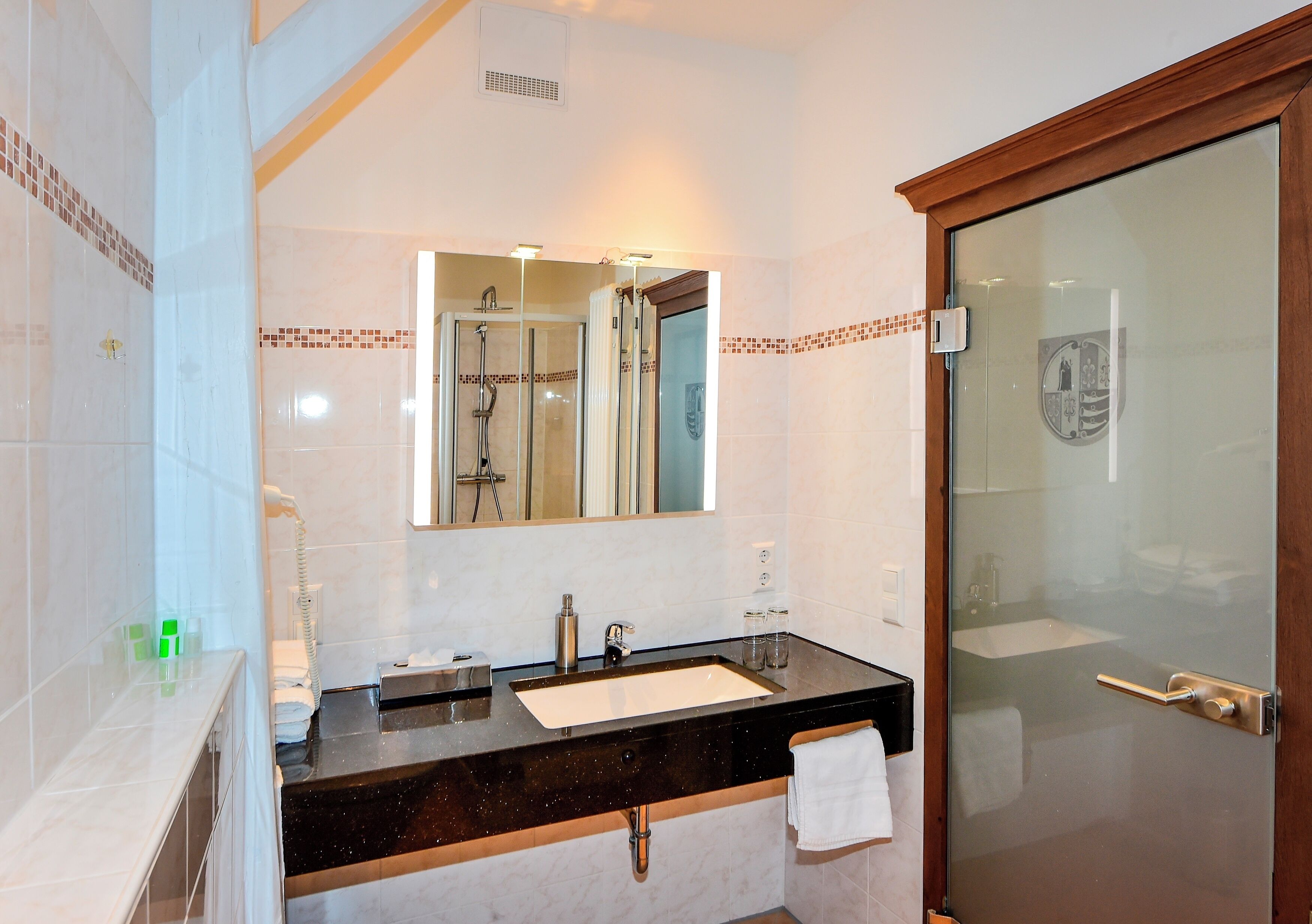 A modern bathroom with a black countertop sink, a mirror, and a glass shower enclosure.