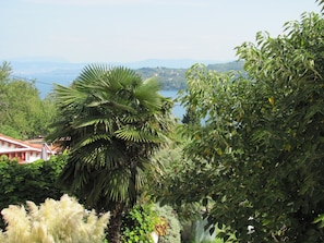 Ein üppiger Garten mit verschiedenen Bäumen und Pflanzen, Blick auf ein Gewässer und eine entfernte Landschaft.