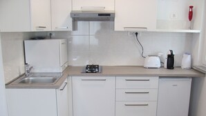 Una cucina compatta con lavello, fornelli e lavastoviglie.