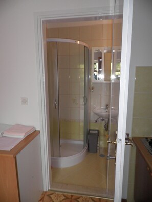 Ein Badezimmer mit Duschkabine, Waschbecken und Spiegel.