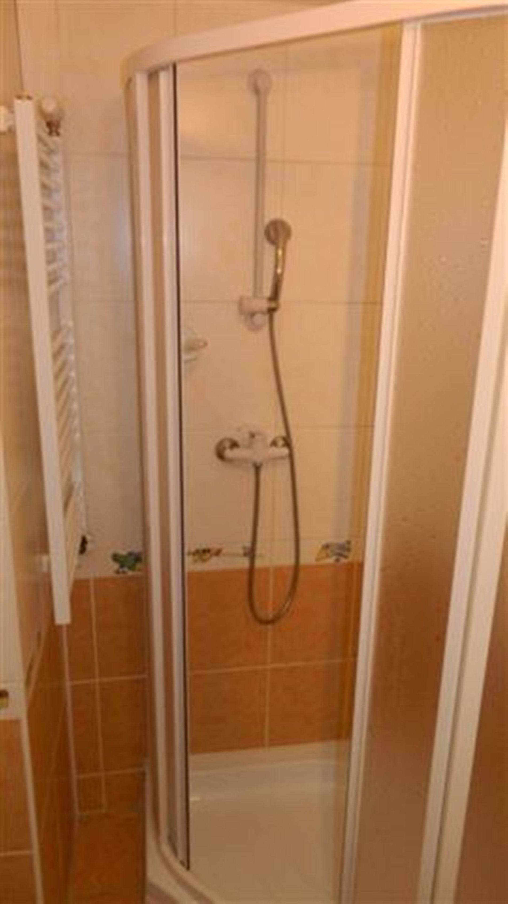A shower with a glass door, a handheld showerhead, and a wall-mounted faucet.