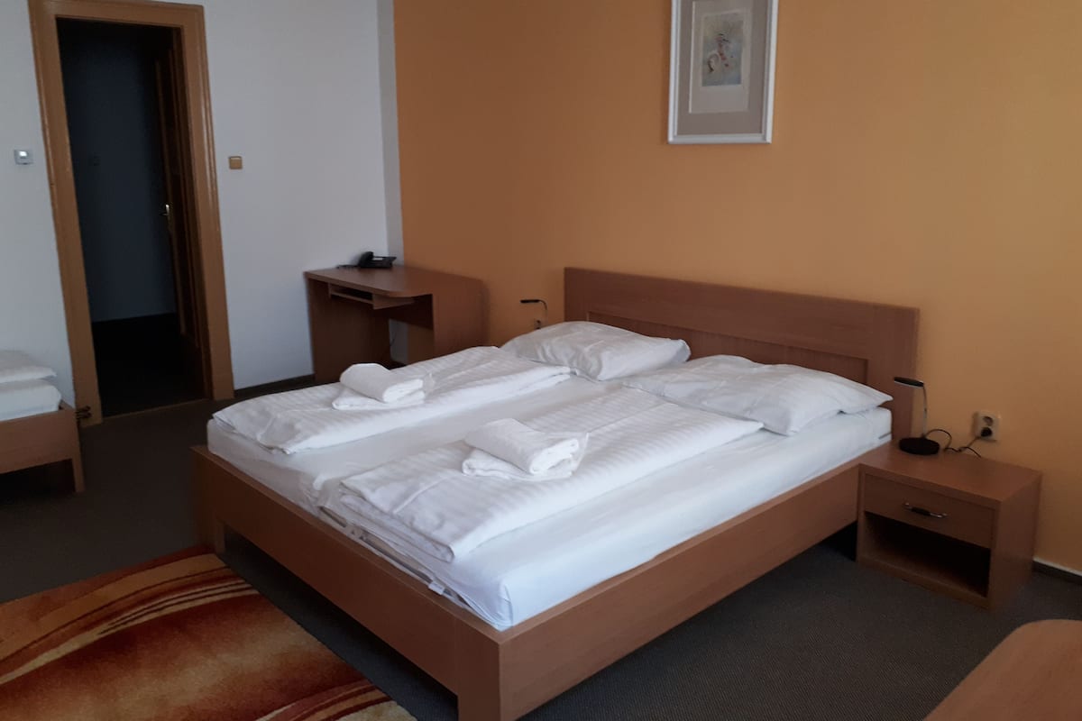 A hotel room with a large bed, a bedside table, a nightstand, and a door.