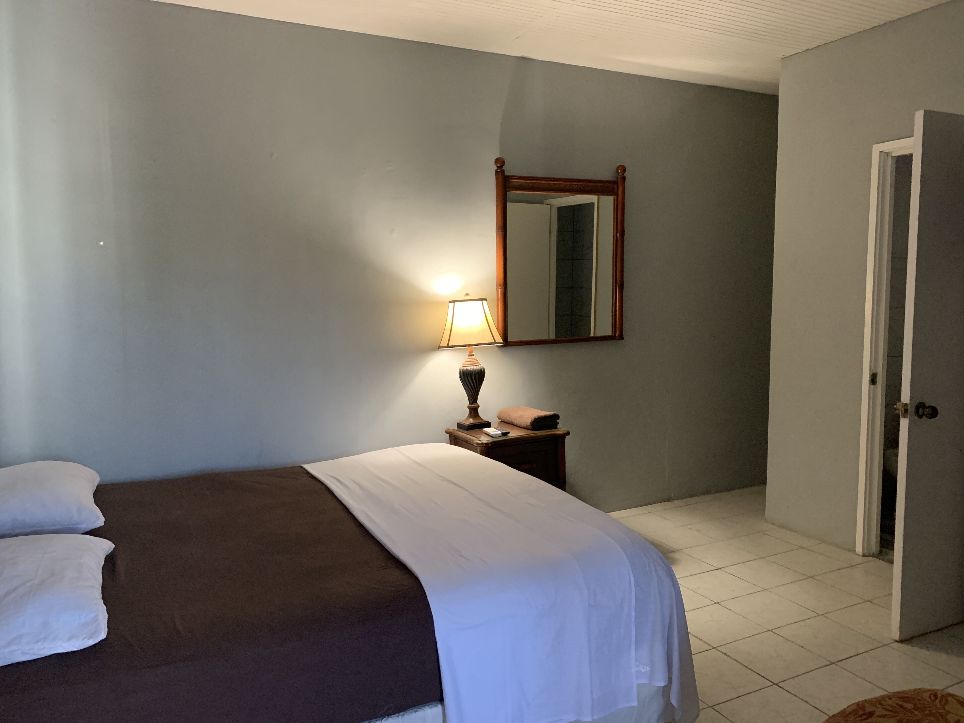 Une chambre d’hôtel avec un lit, une table de chevet, une lampe, un miroir et une porte.