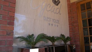 A wooden sign with "Cycad Guest House" and a logo, flanked by two palm plants.