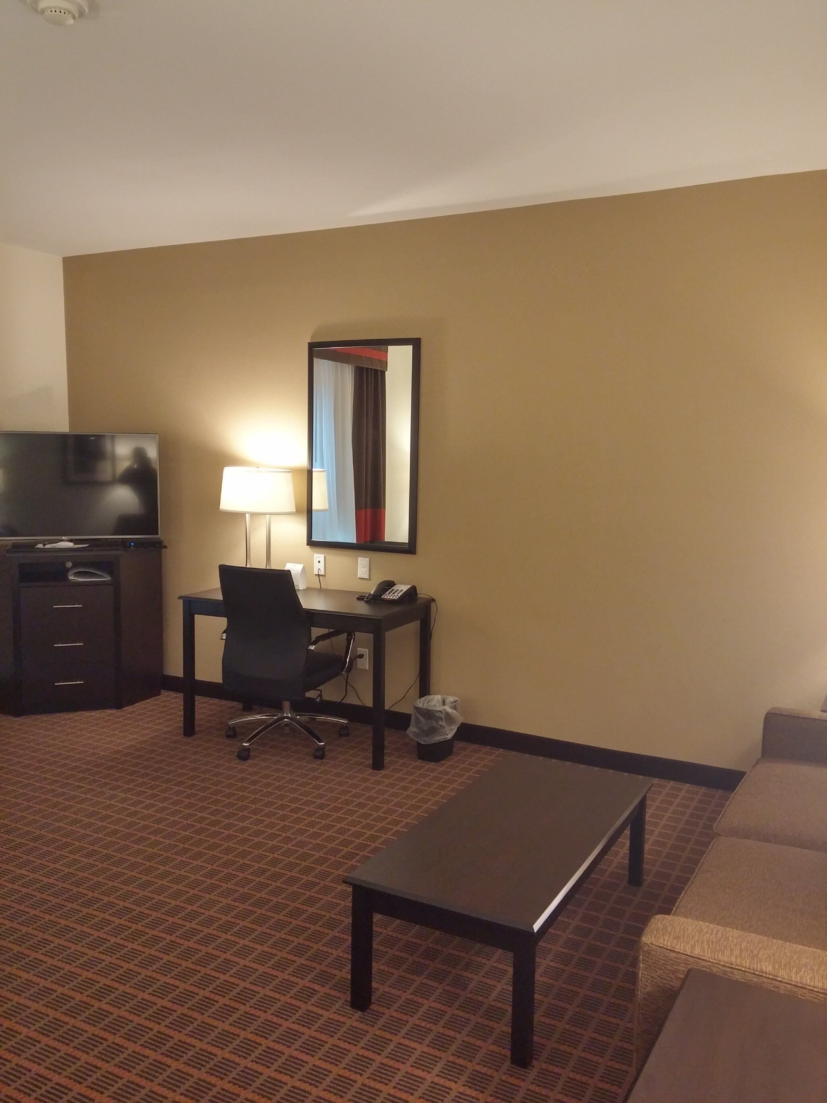 Habitación de hotel con televisor de pantalla plana, escritorio con silla, lámpara, cesto de basura y sofá.