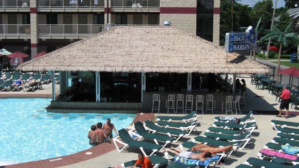 A pool area with lounge chairs, a bar, and a building with a thatched roof. - Put-In-Bay Resort and Conference Center (Put-in-Bay)