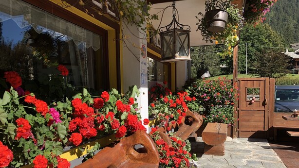 Outdoor wooden benches with red flowers, a wooden door, and a stone-paved area. - ALBERGO ALPENROSE Ski&Bike Mountain Hotel (Gressoney-Saint-Jean)