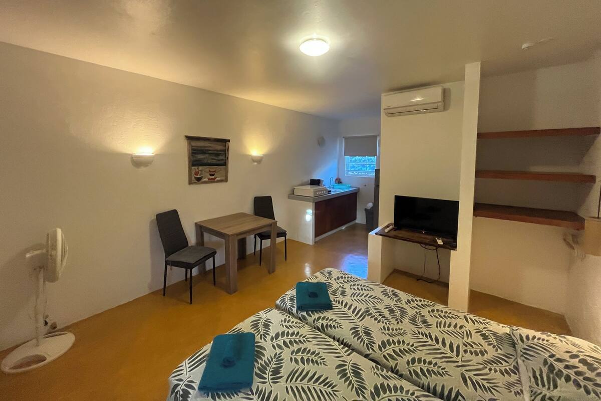 A hotel room with a bed, a desk, a chair, a TV, and a kitchenette.