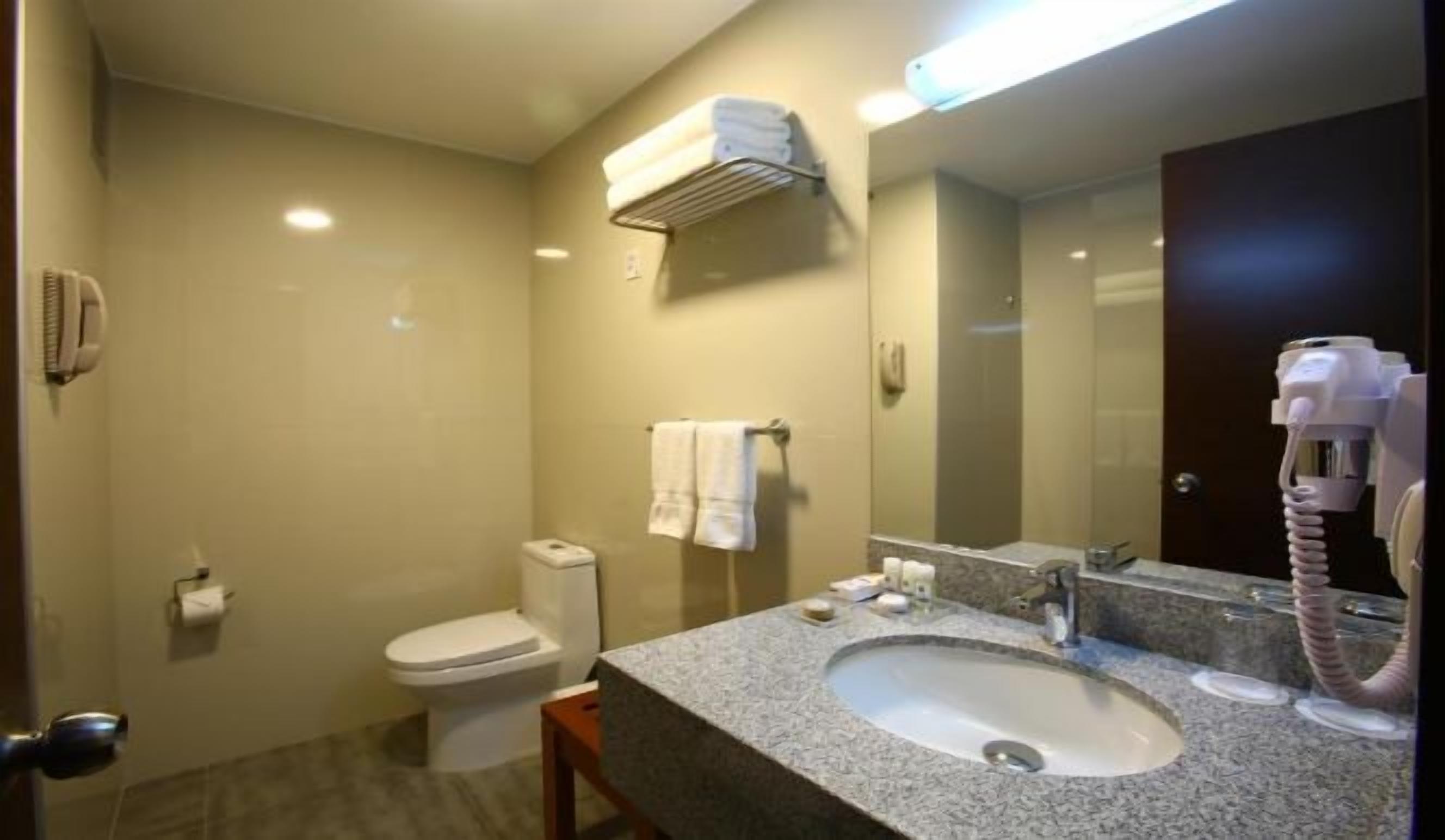 Casa de banho com sanita, lavatório e porta-toalhas.