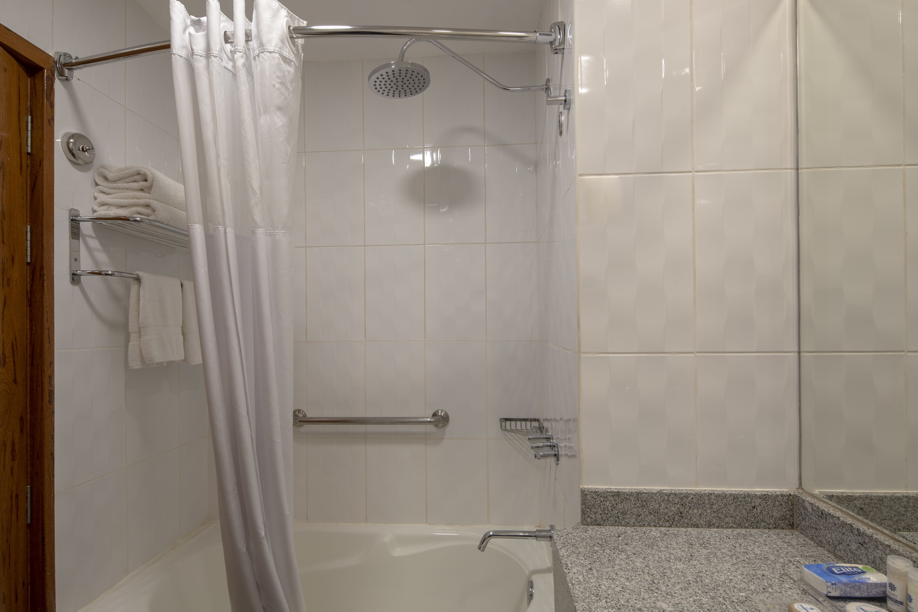 A modern bathroom with a shower, a bathtub, and a vanity with a granite countertop.