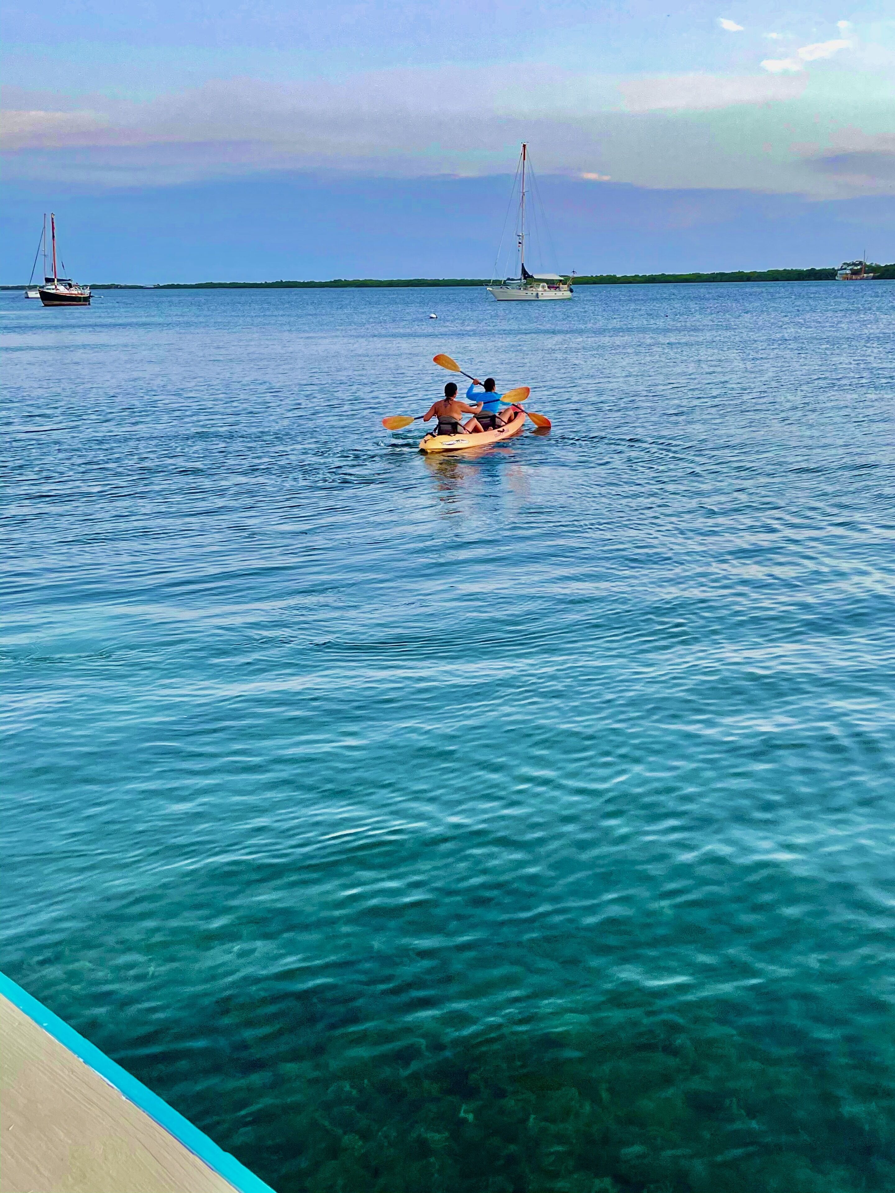A kayak on calm water with a distant sailboat and a house on the shore.
