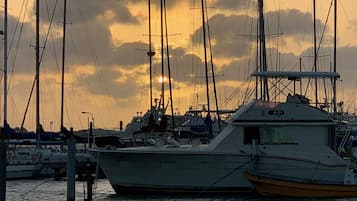 A marina with several sailboats docked at the pier.