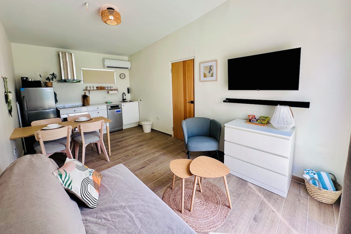 A compact living space with a kitchenette, a dining area, a seating area with a sofa and chairs, a television, and a small side table with snacks.