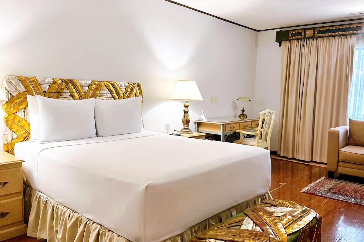 A hotel room with a large bed, a desk, a chair, and a sofa.