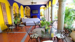 Un comedor con una mesa de vidrio rodeada de sillas metálicas, un sofá y plantas en macetas.