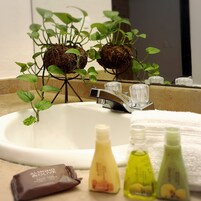 Un baño con un lavamanos blanco, dos dispensadores de jabón de vidrio transparente y una botella verde de loción.
