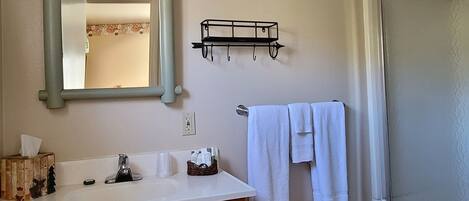 A bathroom with a vanity, sink, mirror, towel rack, and a shower area.