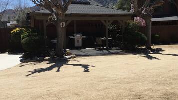 A covered patio with a grill, surrounded by trees and a mountain backdrop.