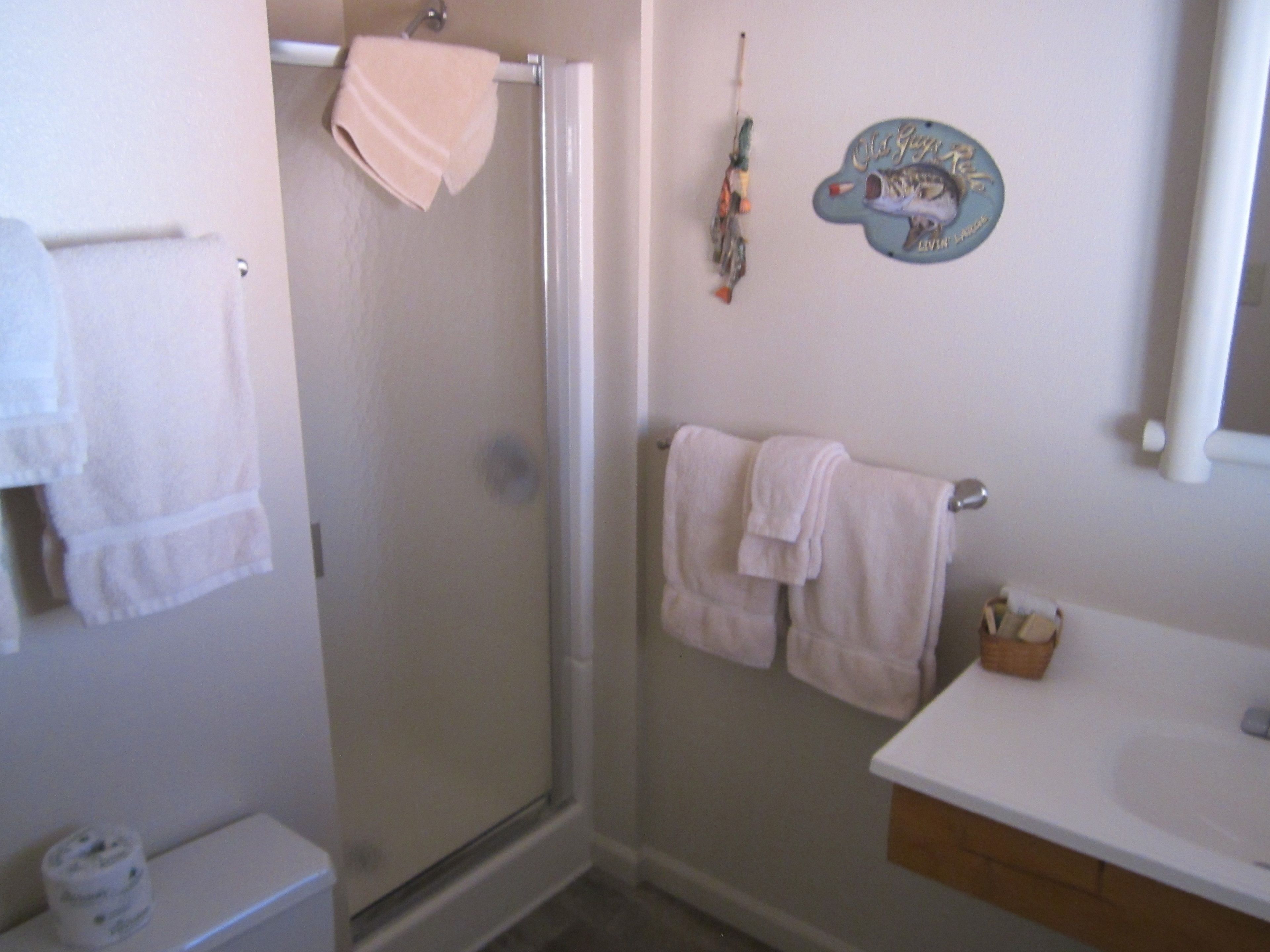 A bathroom with a shower, toilet, and sink. There are towels hanging on the wall and a decorative plate above the sink.