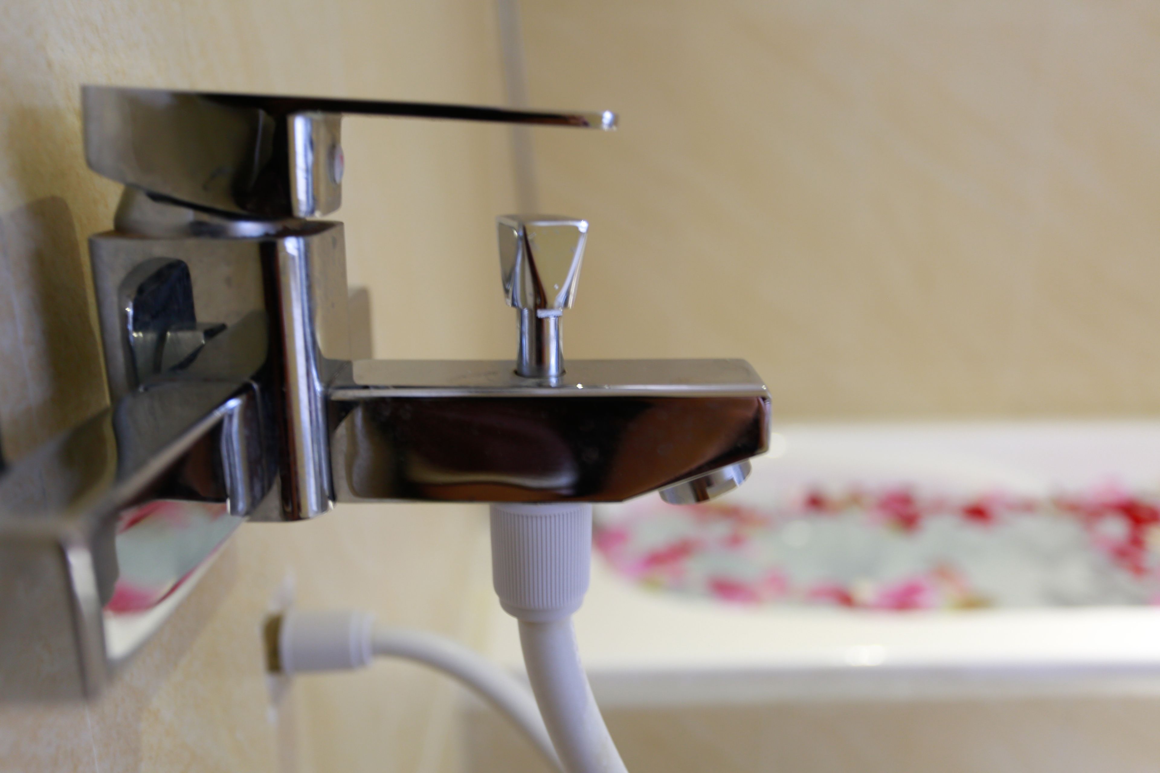 Shower, rainfall showerhead, free toiletries, hair dryer